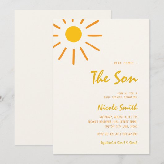 Hier komt de zoon handschrift jongen Baby shower Kaart (Voorkant / Achterkant)