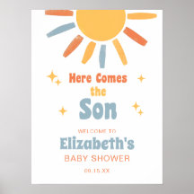 Hier komt de zoon jongen baby shower welkomstbord