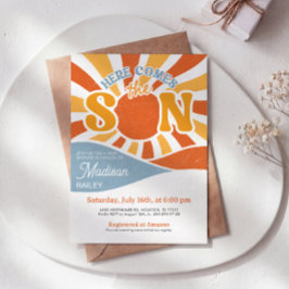 Hier komt de zoon jongens baby shower uitnodiging