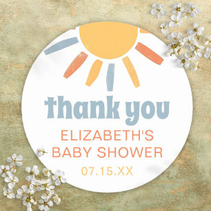 Hier komt de zoon jongens babyshower bedankbriefje ronde sticker