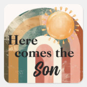 Hier komt de zoon mannelijke regenboog vierkante sticker (Voorkant)