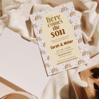 Hier komt de zoon onthullen Baby shower uitnodigin Kaart