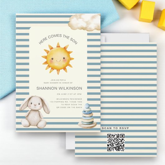 Hier komt de zoon QR-code strepen baby shower Kaart