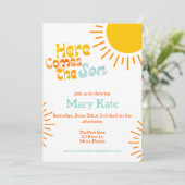 Hier komt de zoon retro baby shower kaart (Staand voorkant)