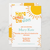 Hier komt de zoon retro baby shower kaart (Voorkant / Achterkant)