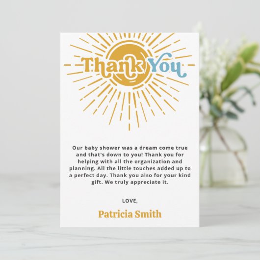 Hier komt de zoon retro boy baby shower bedankkaart (Staand voorkant)