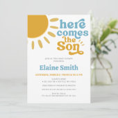 Hier komt de zoon retro boy baby shower kaart (Staand voorkant)