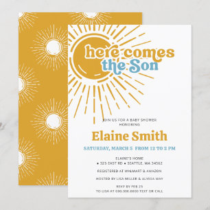 Hier komt de zoon retro boy baby shower kaart