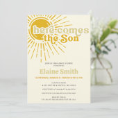 Hier komt de zoon retro boy baby shower kaart (Staand voorkant)