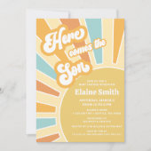 Hier komt de zoon retro boy baby shower kaart (Voorkant)