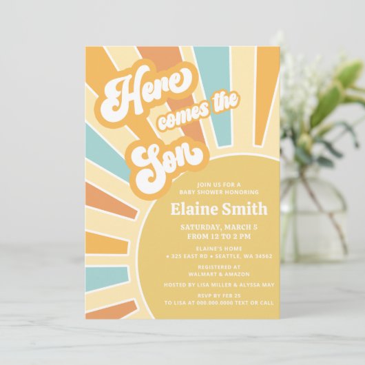 Hier komt de zoon retro boy baby shower kaart (Staand voorkant)