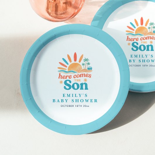 Hier komt de zoon Retro Boy Baby shower Papieren Bordje