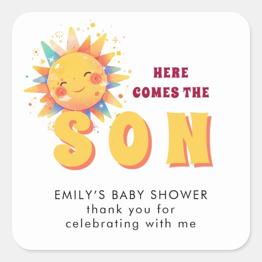 Hier komt de zoon Retro Boy Baby shower Vierkante Sticker (Voorkant)