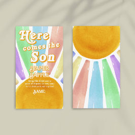 Hier komt de zoon Retro Boys Baby shower luier Informatiekaartje