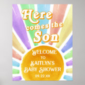 Hier komt de zoon Retro Boys Baby shower welkom Poster (Voorkant)
