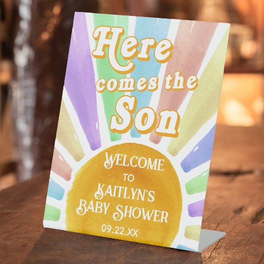 Hier komt de zoon Retro Boys Baby shower welkom Reclamebord Met Voetstuk