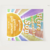 Hier komt de zoon Retro Boys Baby shower welkom Wandkleed (Voorkant (horizontaal))