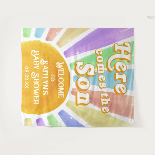 Hier komt de zoon Retro Boys Baby shower welkom Wandkleed (Voorkant (horizontaal))