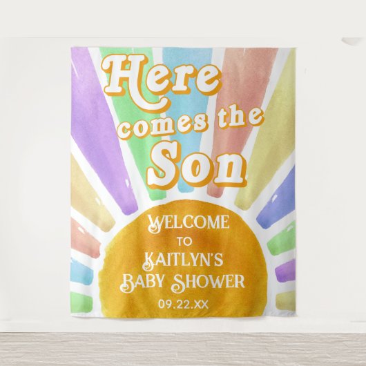 Hier komt de zoon Retro Boys Baby shower welkom Wandkleed (Voorkant)