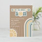 Hier komt de zoon Retro Hippie Boy Baby shower Kaart (Staand voorkant)