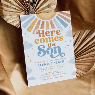 Hier Komt de Zoon: Retro Jongens Baby Shower Kaart