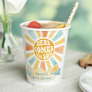 Hier Komt de Zoon Retro Sunburst Baby Shower Papieren Bekers