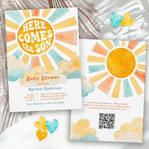 Hier Komt de Zoon Retro Sunshine Baby Shower Kaart