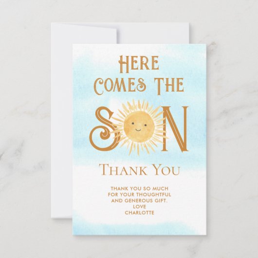 Hier komt de zoon Schattige Baby shower dank u Bedankkaart (Voorkant)