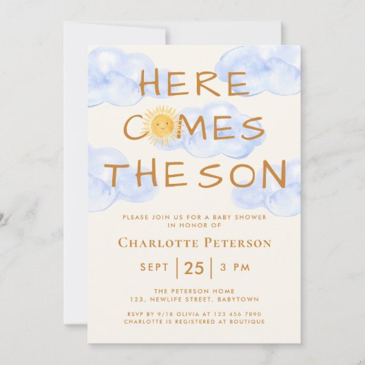 Hier komt de zoon Schattige Baby shower Kaart (Voorkant)
