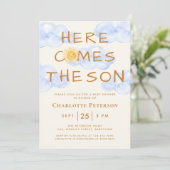 Hier komt de zoon Schattige Baby shower Kaart (Staand voorkant)