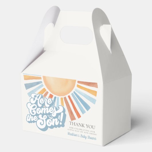 Hier komt de zoon Sunshine Boy Baby shower gunst Bedankdoosjes (Voorkant)