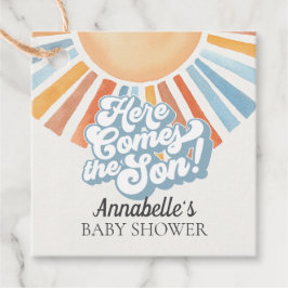 Hier komt de zoon Sunshine Boy Baby shower gunst Bedankjes Labels