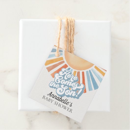 Hier komt de zoon Sunshine Boy Baby shower gunst Bedankjes Labels (In situ)