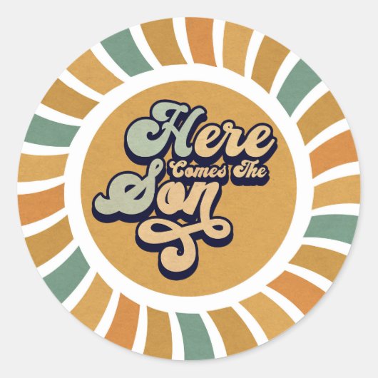Hier komt de zoon Sunshine Groovy Leuke Retro Ronde Sticker (Voorkant)
