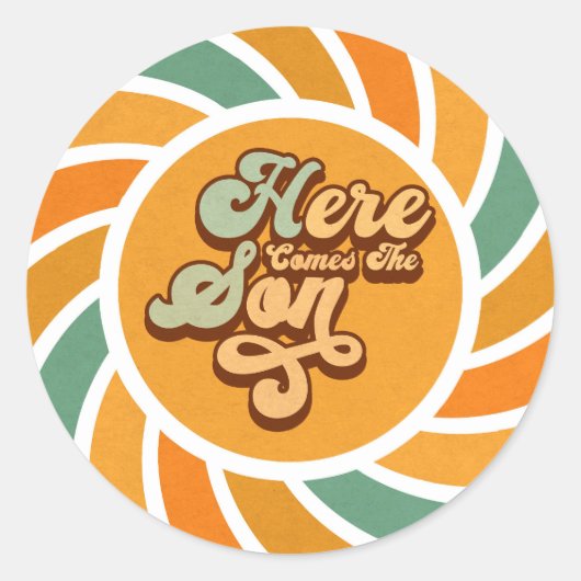 Hier komt de zoon Sunshine Groovy Leuke Retro Ronde Sticker (Voorkant)