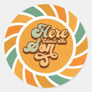 Hier komt de zoon Sunshine Groovy Leuke Retro Ronde Sticker