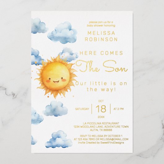 Hier komt de zoon Waterverf Baby Boy Shower Folie Uitnodiging (Voorkant)