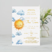 Hier komt de zoon Waterverf Baby Boy Shower Folie Uitnodiging (Staand Voorkant)