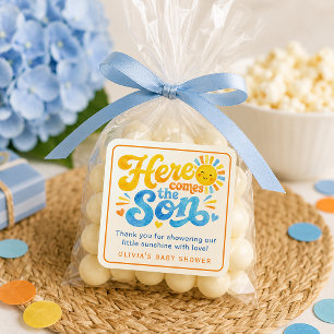 Hier komt de zoon Zonneschijn Baby Shower Favor Vierkante Sticker