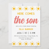 Hier komt de zoon zonneschijn baby shower uitnodig kaart (Voorkant)