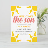 Hier komt de zoon zonneschijn baby shower uitnodig kaart (Staand voorkant)