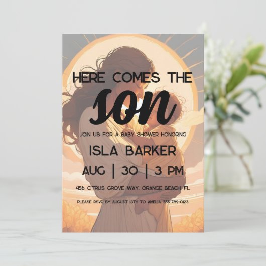 Hier komt de zoon zonneschijn baby shower uitnodig kaart (Staand voorkant)