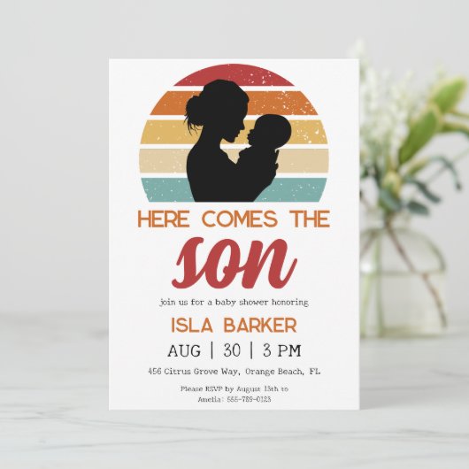 Hier komt de zoon zonneschijn baby shower uitnodig kaart (Staand voorkant)