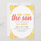Hier komt de zoon zonneschijn baby shower uitnodig kaart (Voorkant)