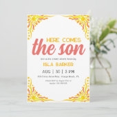 Hier komt de zoon zonneschijn baby shower uitnodig kaart (Staand voorkant)