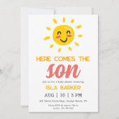 Hier komt de zoon zonneschijn baby shower uitnodig kaart (Voorkant)