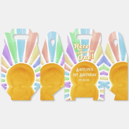 Hier komt die! Retro Boho Sun 1e verjaardag Bedankdoosjes (Ongevouwen)