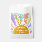 Hier komt die! Retro Boho Sun 1e verjaardag Bedankzakje (Voorkant)