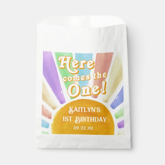 Hier komt die! Retro Boho Sun 1e verjaardag Bedankzakje (Voorkant)