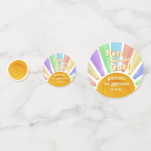Hier komt die! Retro Boho Sun 1e verjaardag Confetti (Voorkanten)